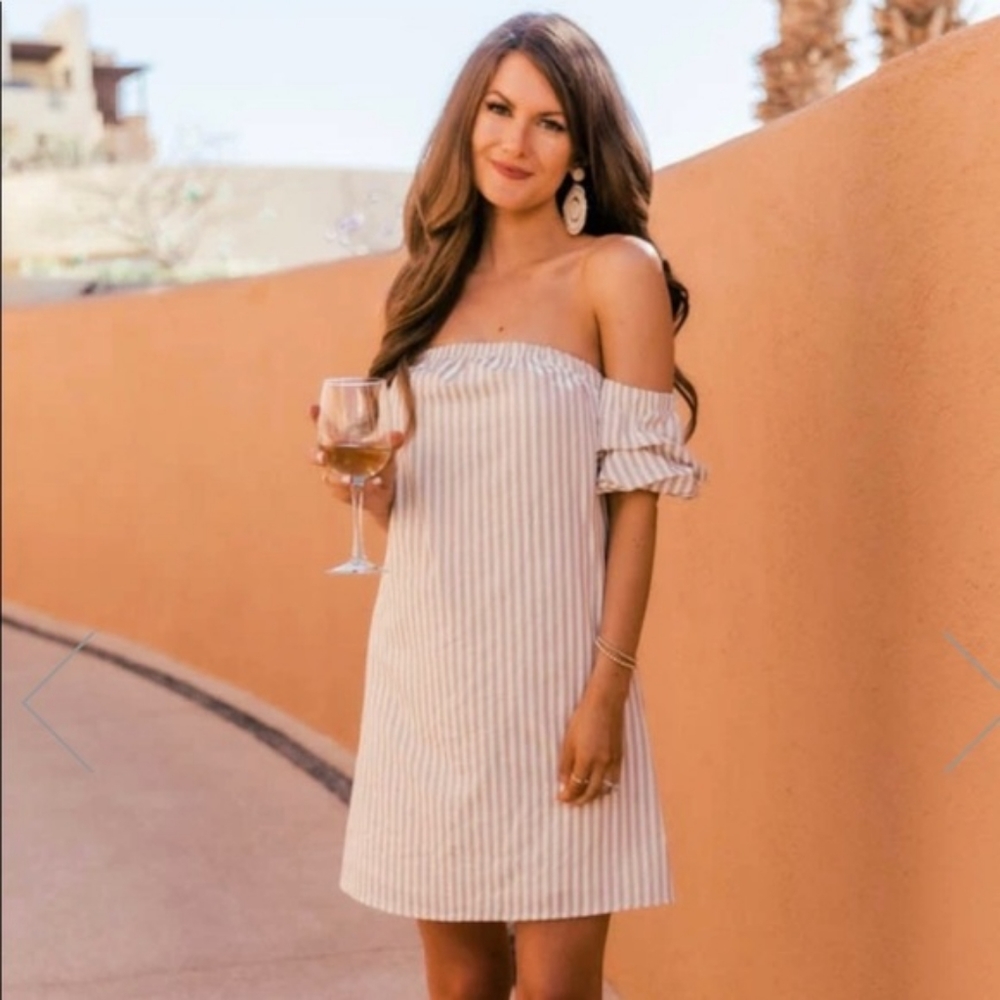 Caitlin Covington  x Pink Lily Off the Shoulder Tan & White Striped Dress